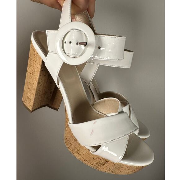 NeroGiardini White & Tan Cork Buckle Patent Leather Platform Heels Women's 11 - Picture 5 of 11